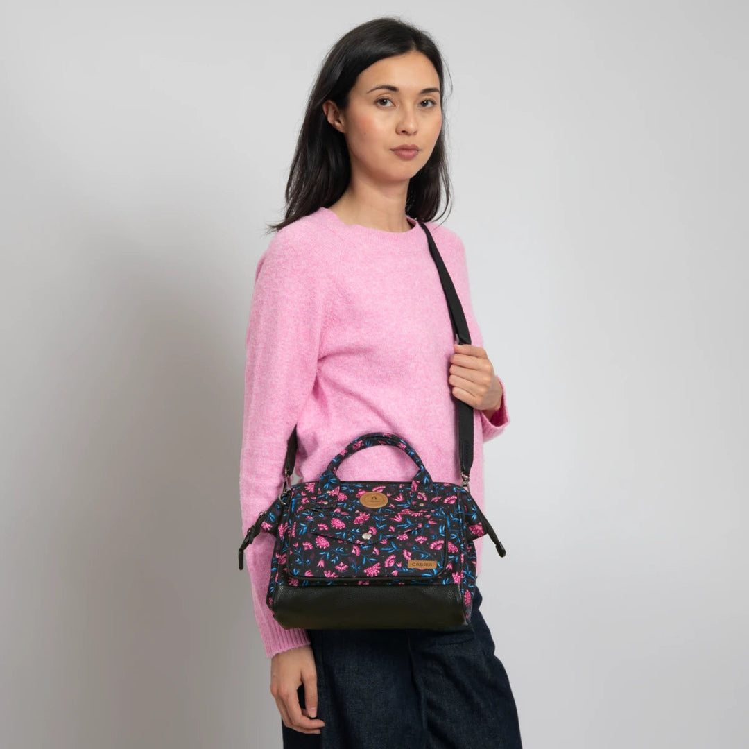 Sac bandoulière crossbody medium noir fleurs Subaraya Cabaia